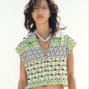 ZARA Boho Print Gauze Cotton Crop Top with Notched Collar In Green/navy/cream.LG